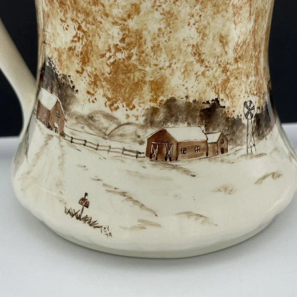 Hand Painted Ceramic‎ Water Pitcher Winter Cabin Barn Windmill SIGNED VTG 1979